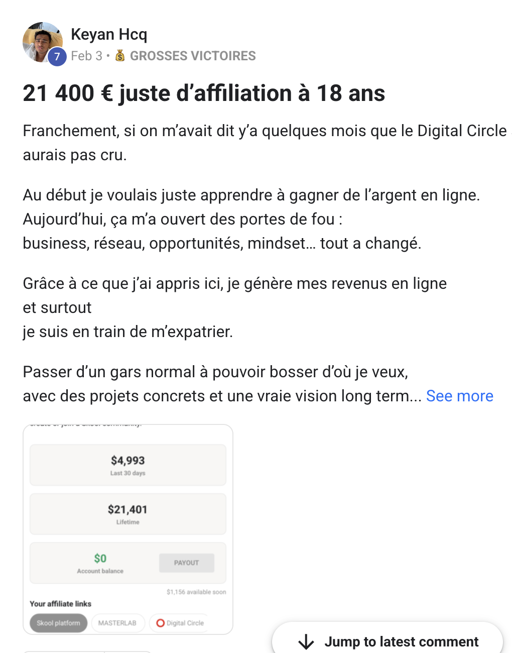 Keyan Hcq - 21 400 euros affiliation - Grosse Victoire Digital Circle