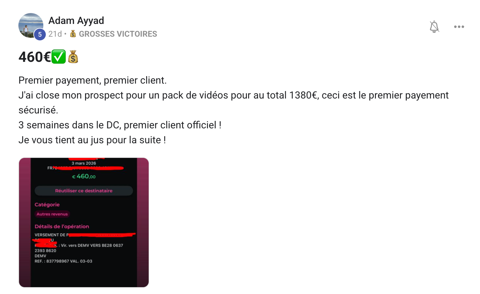 Adam Ayyad - 460 euros premier client - Grosse Victoire Digital Circle