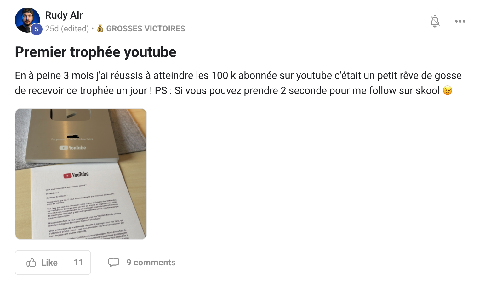 Rudy Alr - Premier trophee YouTube 100K - Grosse Victoire Digital Circle