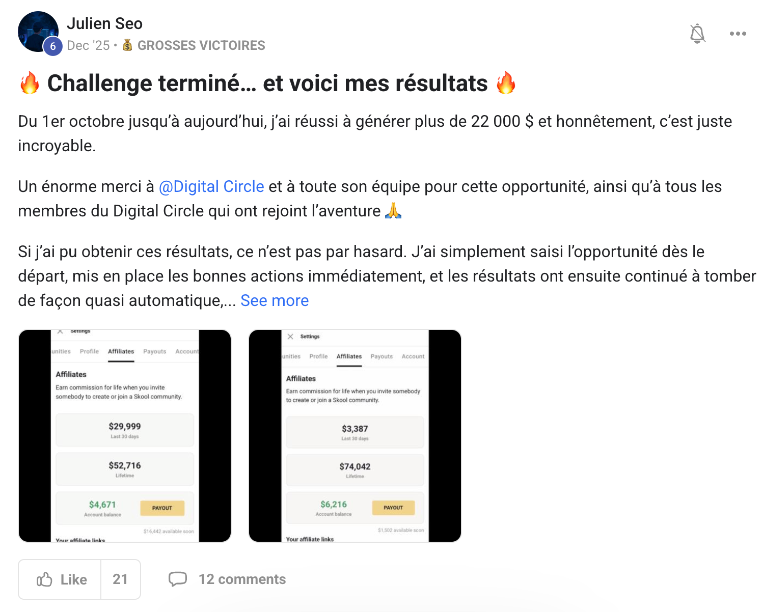 Julien Seo - Challenge termine 22000 dollars - Grosse Victoire Digital Circle